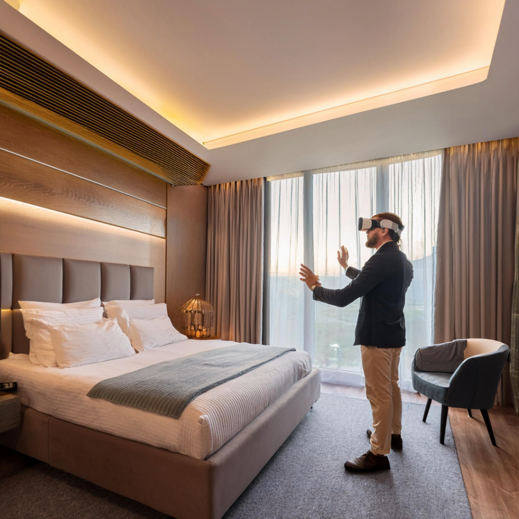 person wearing VR glasses looking at a virtual hotel room