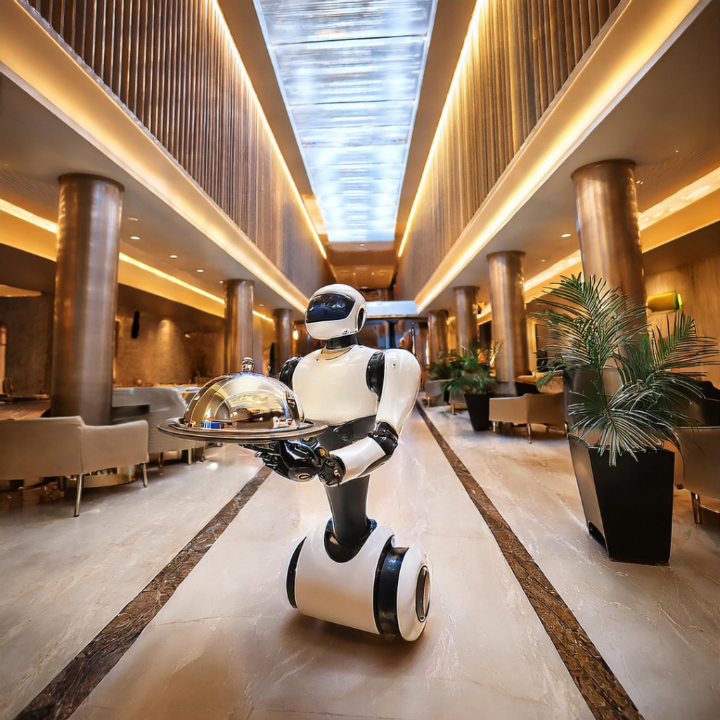 a robot carrying a food service tray in a hotel lobby
