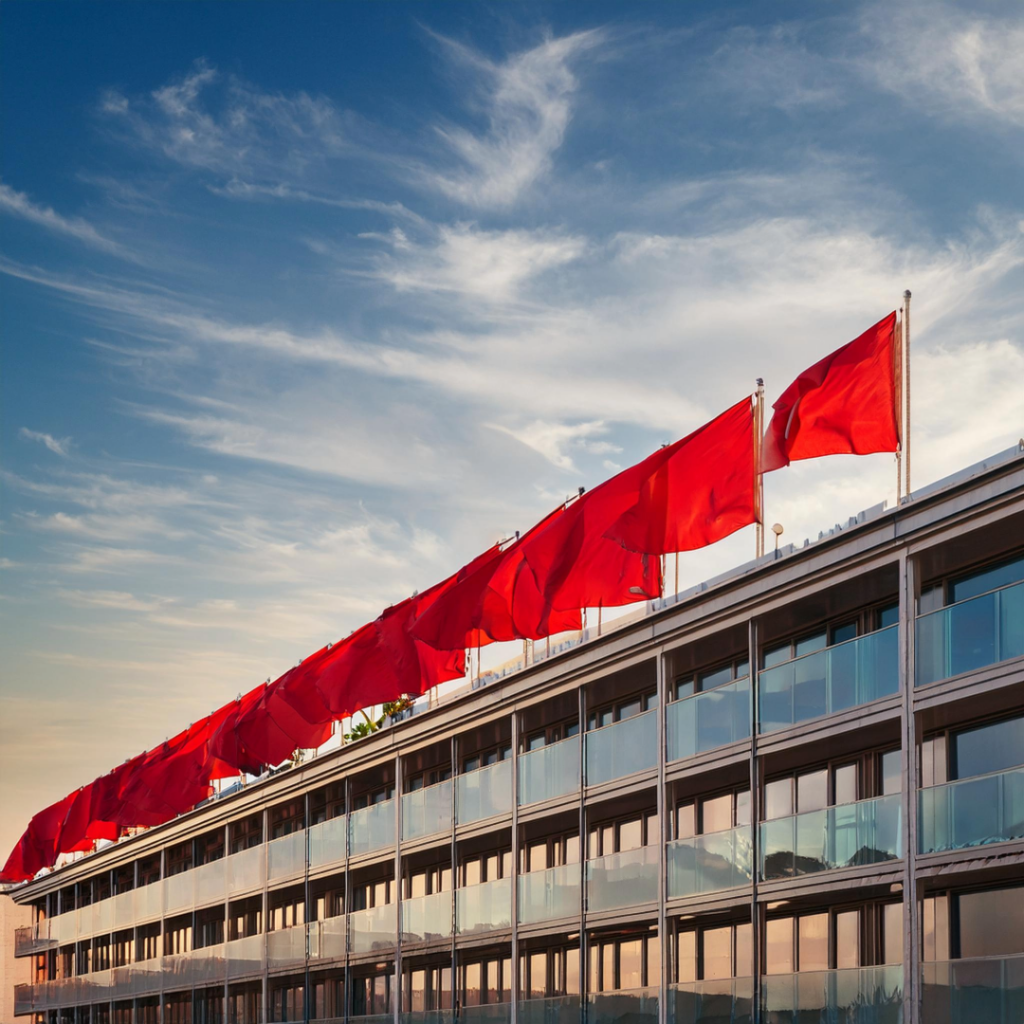 image of a hotel building with red flags