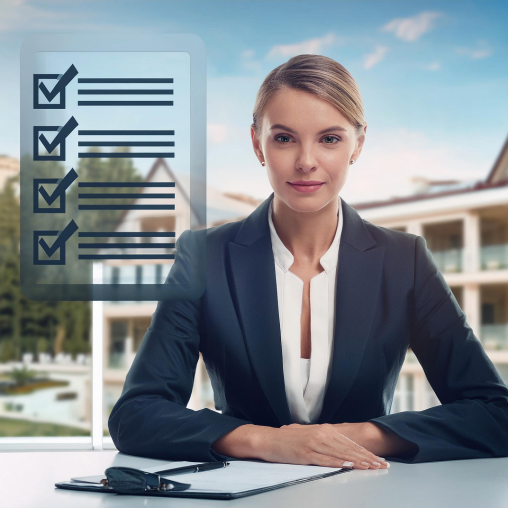 banker sitting at a desk with a checklist and a hotel in the background