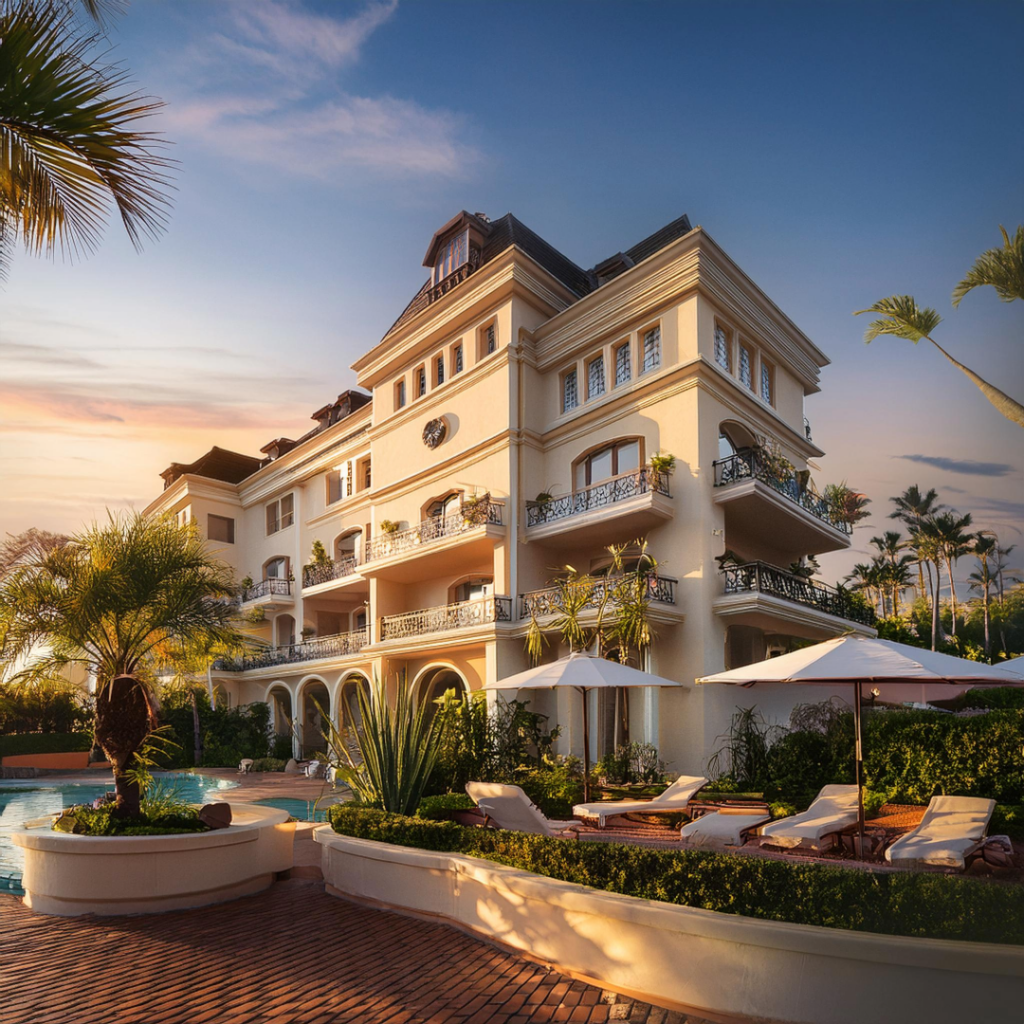 A stunning photo of a luxury hotel exterior, showcasing its grandeur and allure.