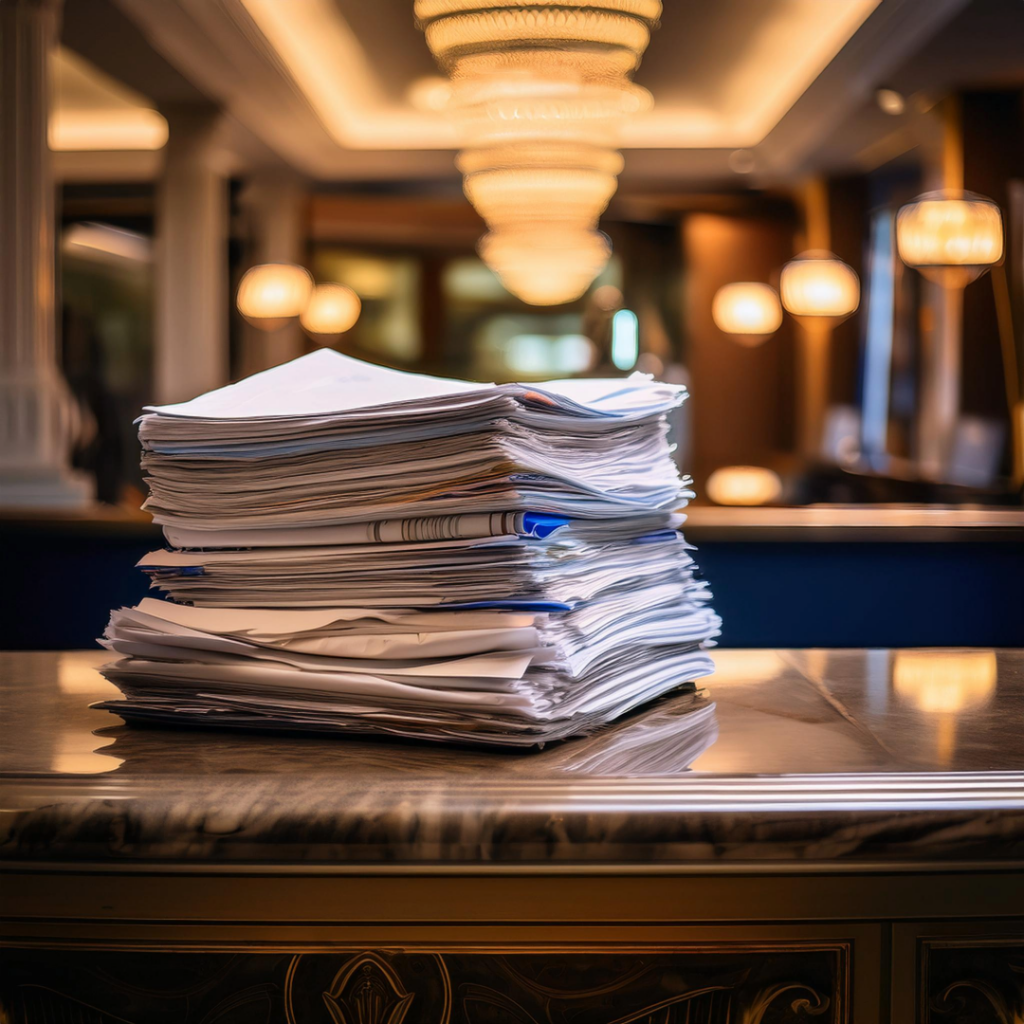 documents piled up on a hotel's reception counter